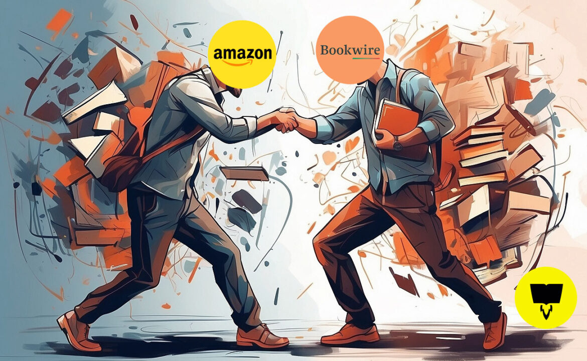 imagem mostra dois homens, envoltos em livros, se cumprimentando, entrando em acordo.