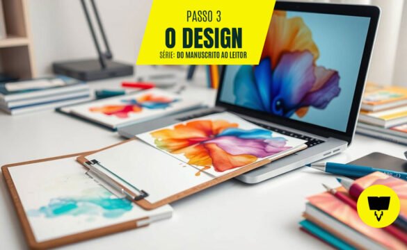 Uma mesa de trabalho com um laptop exibindo uma arte digital abstrata colorida. Em cima do laptop e da mesa, há pranchetas e papéis com pinturas em aquarela vibrantes, sugerindo um processo de design. Pilhas de livros e materiais de arte, como canetas e lápis, estão espalhados pela mesa. O texto em amarelo no canto superior esquerdo indica "PASSO 3: O DESIGN, SÉRIE: DO MANUSCRITO AO LEITOR".