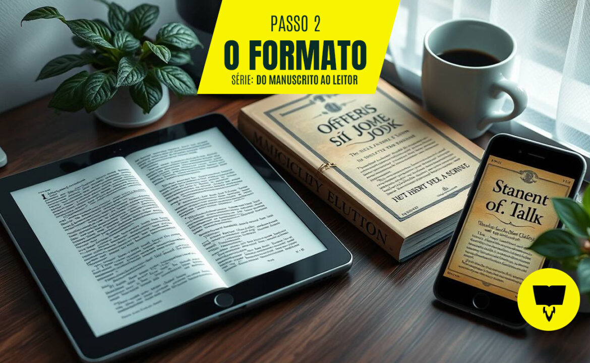 Uma mesa de madeira com um tablet aberto exibindo um livro digital, um livro físico com capa parda intitulado "OFFERS SII JOME JODK", um smartphone mostrando um e-book chamado "Stanent of Talk", uma xícara de café, e uma pequena planta em vaso. O texto em amarelo no topo diz "PASSO 2: O FORMATO, SÉRIE: DO MANUSCRITO AO LEITOR", enfatizando as opções de formato para livros.