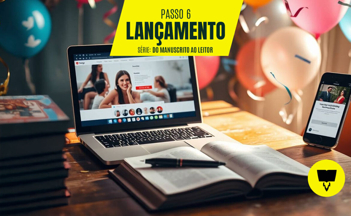 Um laptop exibindo uma videoconferência, possivelmente um evento de lançamento de livro online, com balões coloridos ao fundo. Um livro aberto com uma caneta em cima está em primeiro plano, e um smartphone mostra um convite digital para o evento. Uma pilha de livros está à esquerda. O texto em amarelo no topo diz "PASSO 6: LANÇAMENTO, SÉRIE: DO MANUSCRITO AO LEITOR".