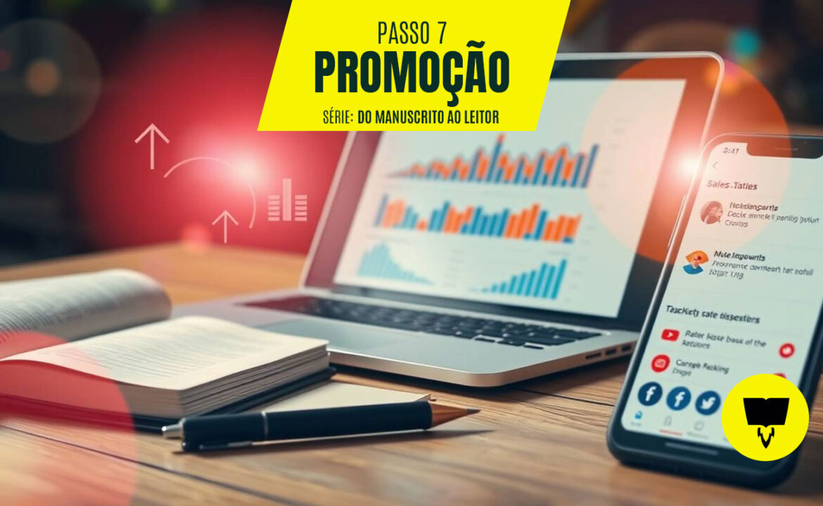 Um laptop exibe gráficos e dados de vendas, sugerindo acompanhamento de marketing digital. Um celular mostra uma interface de mídia social com indicadores de desempenho, como curtidas e compartilhamentos. Um caderno e uma caneta estão próximos ao laptop em uma mesa de madeira. Ícones de setas para cima indicam crescimento. O texto amarelo no topo diz "PASSO 7: PROMOÇÃO, SÉRIE: DO MANUSCRITO AO LEITOR".