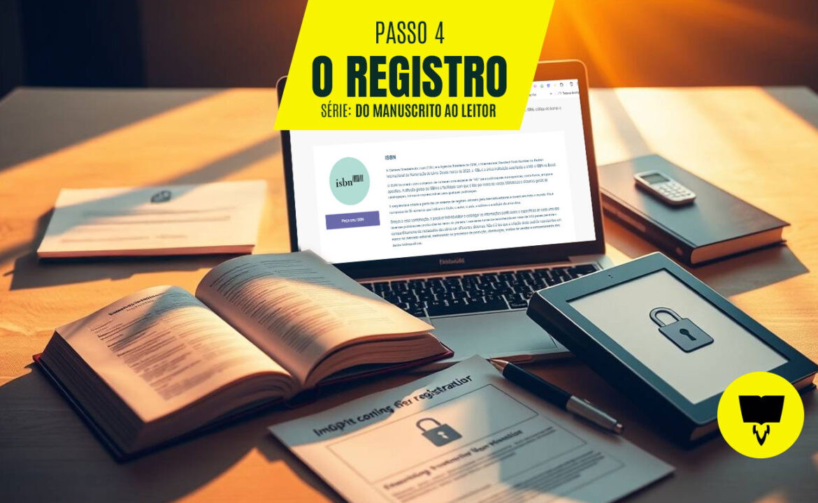 Um laptop exibindo informações sobre ISBN em uma página web. Ao redor do laptop, em uma mesa de madeira iluminada pelo sol, estão um livro aberto, um tablet mostrando um ícone de cadeado, um pequeno caderno preto, um celular e papéis impressos relacionados ao registro de ISBN. O texto amarelo no canto superior esquerdo diz "PASSO 4: O REGISTRO, SÉRIE: DO MANUSCRITO AO LEITOR".
